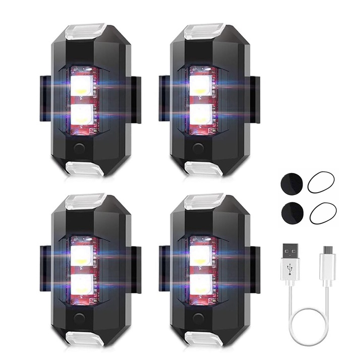 Set 4 lampi stroboscopice rgb pentru drone, Chucai, 7 culori si moduri, Impermeabil, Reincarcabil prin USB, 90 mAh, 3.8 x 2 cm, ci si pe motociclete, biciclete sau masini
