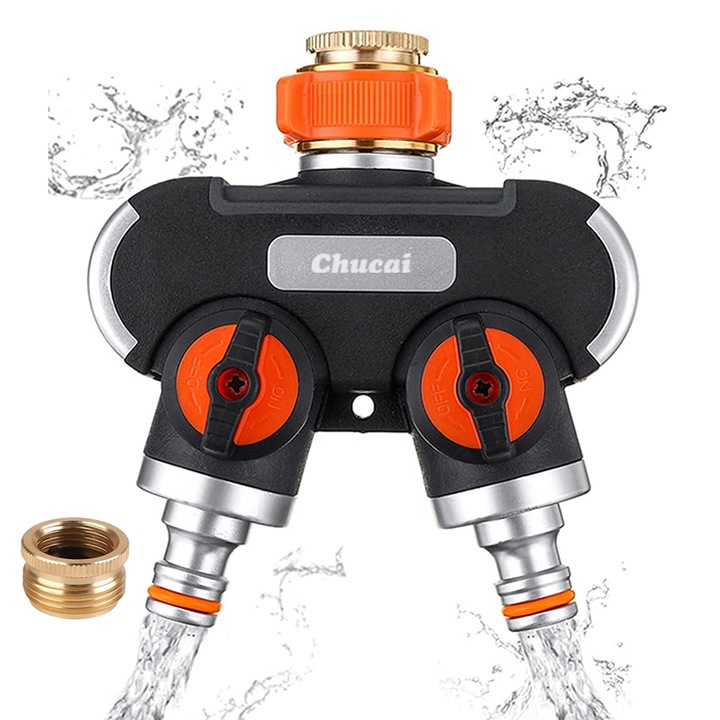 Distribuitor robinet cu 2 cai, adaptoare furtun gradinarit pentru baterii sanitare, Chucai, 3/4" si 1/2", valve ON/OFF, Cauciuc/Aliaj, usor de instalat, Multicolor