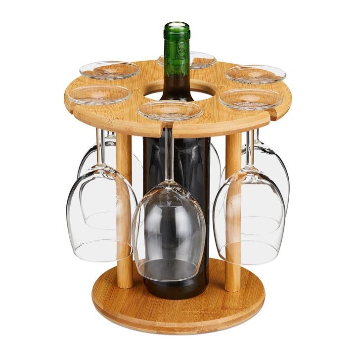 Suport Rotund din Bambus pentru Vin, Capacitate 6 Pahare si 1 Sticla, Elegant si Natural, Ideal pentru Iubitorii de Vin, 25 x 25 cm