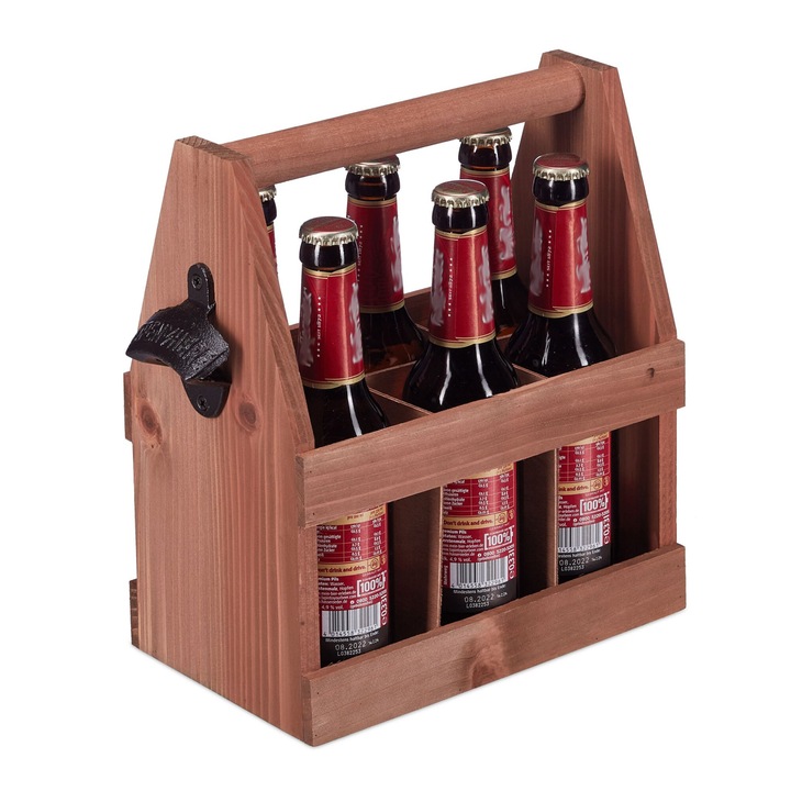 Suport din lemn pentru sticle de bere cu deschizator lateral, Cadoul perfect pentru iubitorii de bere, ideal pentru 6 sticle de 0.33L