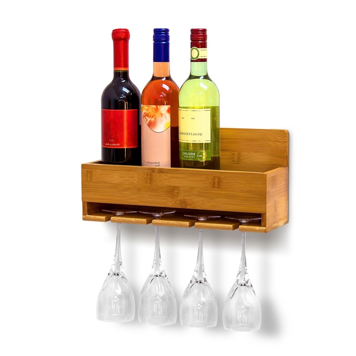 Suport de perete pentru sticle de vin si pahare, din bambus, pentru 4 sticle si 4 pahare, stil rustic, 17 x 37 x 11 cm