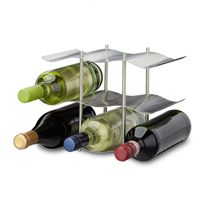 Suport de vin din otel inoxidabil, pentru 9 sticle, design modern industrial, 22 x 27 x 16 cm