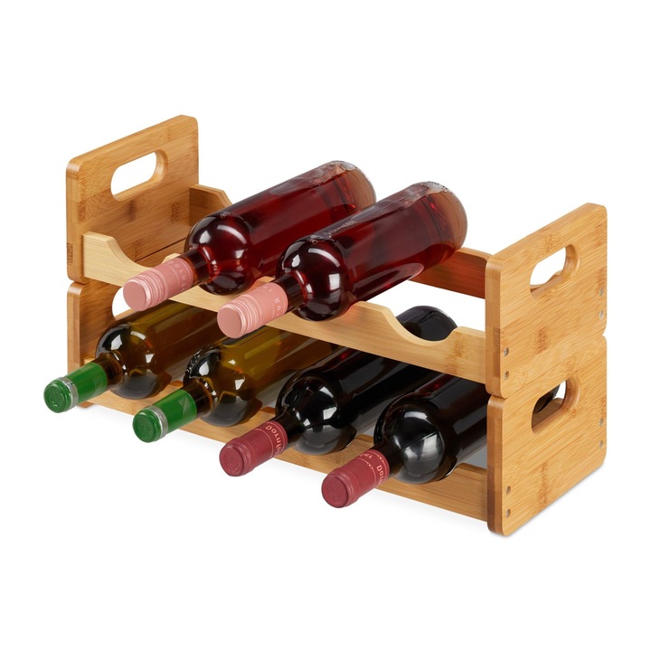 Suport vin din bambus, capacitate pentru 8 sticle, ideal pentru bucatarie si barul de acasa, 24 x 47 x 18 cm