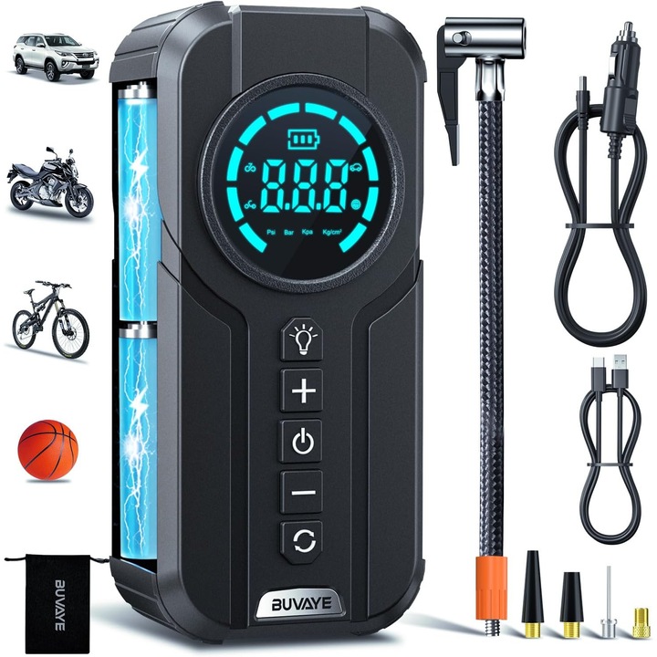 Pompa aer auto electrica 10 Bar, compresor cu display LED, acumulator 6000 mAh, lanterna, functie powerbank, 4 moduri umflare presetate, pentru masina, motocicleta, bicicleta, minge