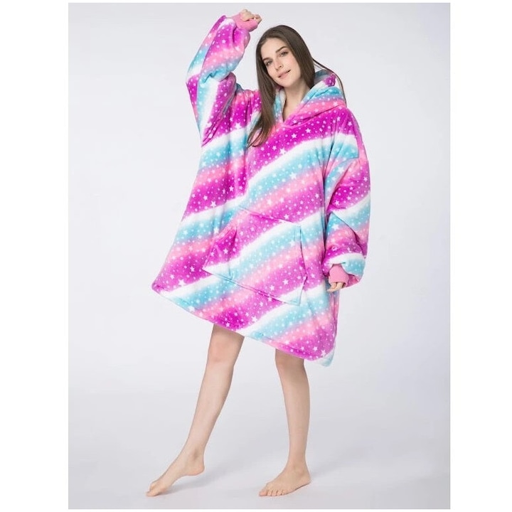 Hanorac paturica cu maneci - Gluga si buzunar Cangur - Marime Universala, Multicolor