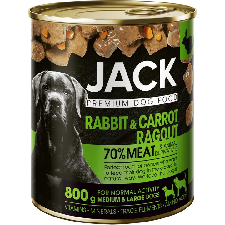 Mancare pentru caini JACK PREMIUM Ragu cu Iepure si Morcovi, 800g