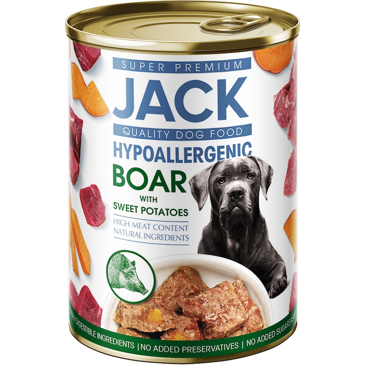 Mancare Hipoalergica pentru caini JACK SUPER PREMIUM PATÉ cu Mistret si Cartofi Dulci, 400g