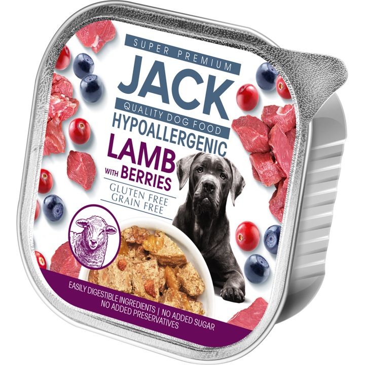 Mancare Hipoalergica pentru caini JACK PREMIUM cu Miel si Fructe de Padure, 150g