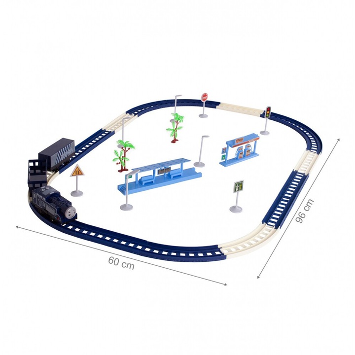 IdealSTORE nagysebességű elektromos vasúti áramkör, hangokkal és fényekkel felszerelve, tartalmaz vonatot, 2 vagont, benzinkutat, peront, 4 lámpát, 2 fát, 4 jelzőt, 16 elemet a vágány kialakításához, vágányhossz 224 cm