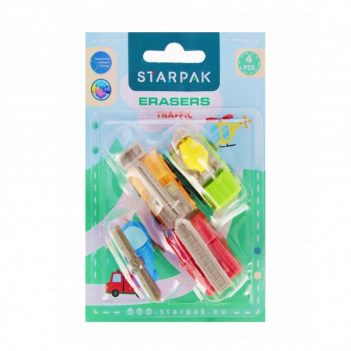 Set de 4 radiere, Starpak, figurine vehicule, multicolor