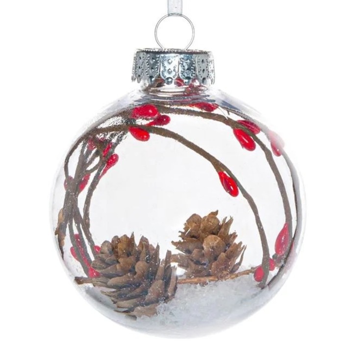 Ornament brad de Craciun Antbro® glob transparent, cu fulgi si crenguta cu conuri in interior, 8cm
