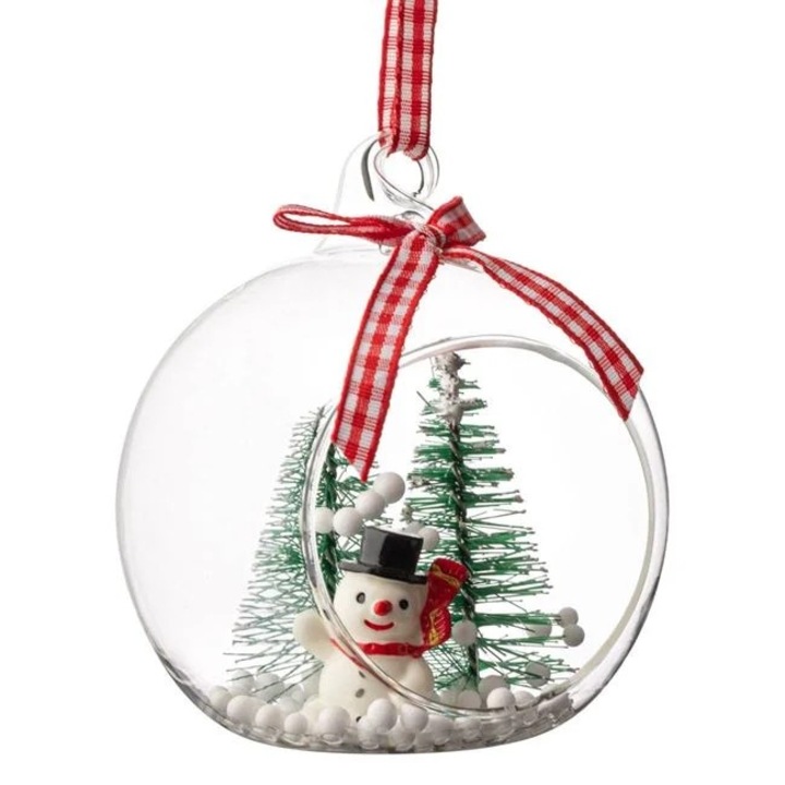 Ornament brad de Craciun Antbro® glob de sticla transparent cu deschidere si om de zapada in interior cu brad si zapada, 8cm
