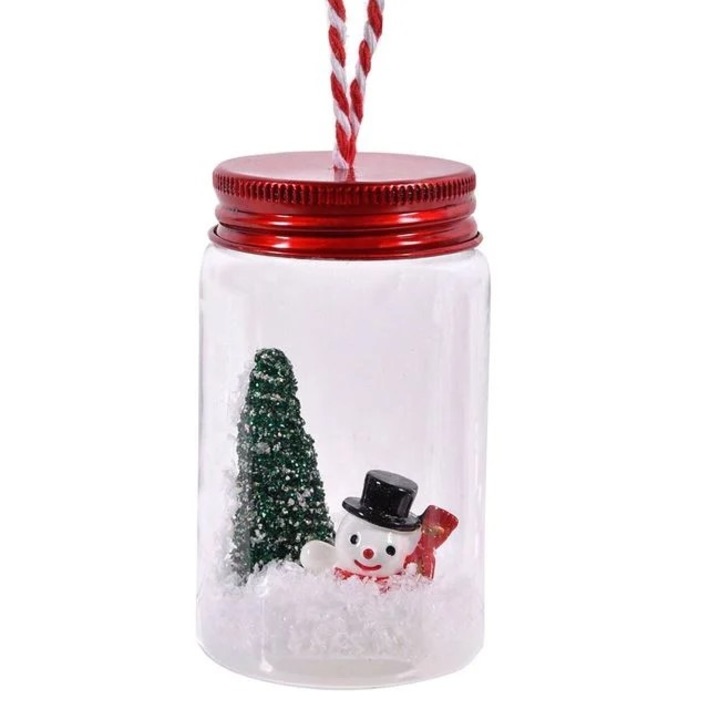 Ornament brad de Craciun Antbro® borcan transparent cu capac metalic si fulgi in interior, brad nins, om de zapada si siret alb rosu, 8cm