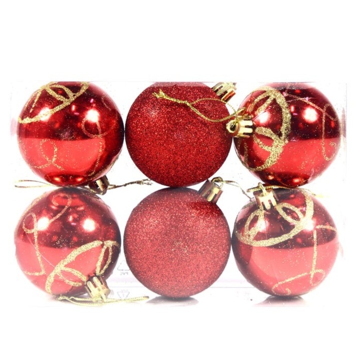 Set 6 globuri Craciun Antbro® rosii decorate cu insertii de sclipici auriu, din plastic, 6cm