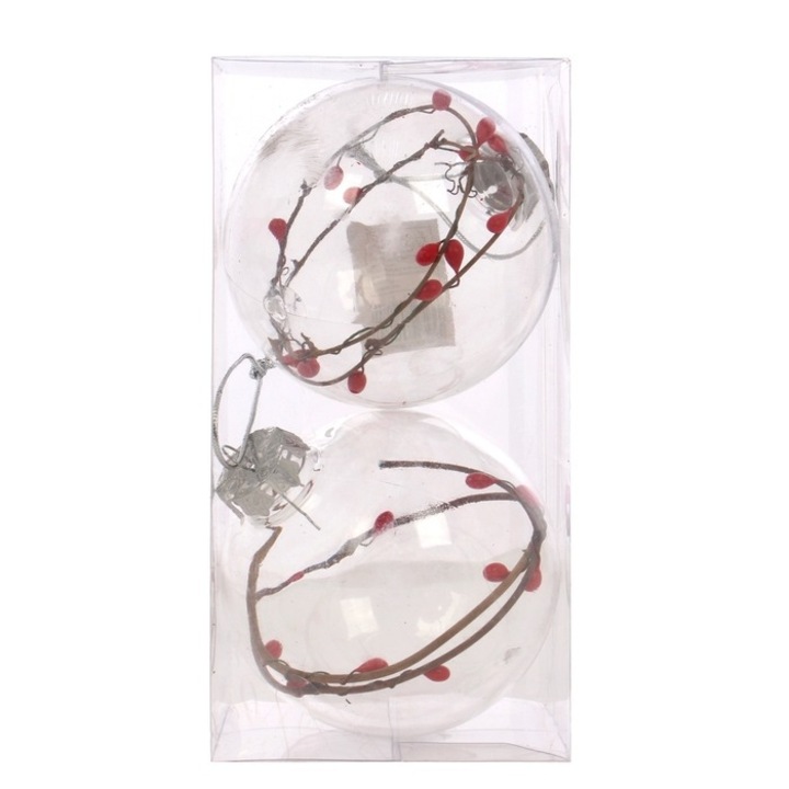 Set 2 globuri Craciun Antbro® transparente cu crenguta de ilex in interior, 10cm