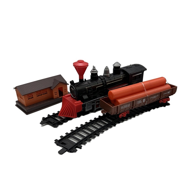 Set trenulet electric, Christmas Classic Train, cu locomotiva, vagon cu busteni, circuit diametru 101 cm, casa si 2 brazi, multicolor, + 3 ani, Vision XXI