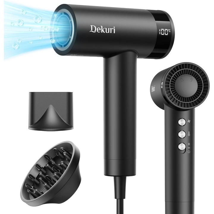 Professzionális ionos hajszárító, nagy sebesség 110 000 RPM, kijelzővel, 2 fúvókával, diffúzorral és légkoncentrátorral mágneses markolattal, alacsony zajszint, 3 sebesség, 4 hőmérsékleti fokozat, fekete