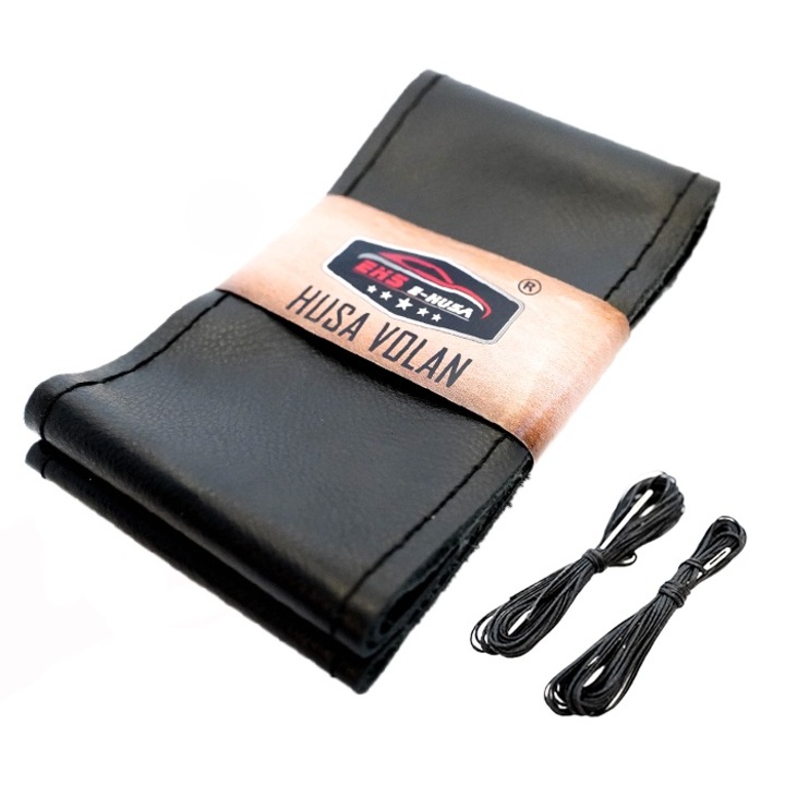 Husa Volan Premium din Piele Naturala Neagra, EHS E-Husa®, Volan 37-38cm diametru, cu Ac si Ata Neagra pentru Cusut