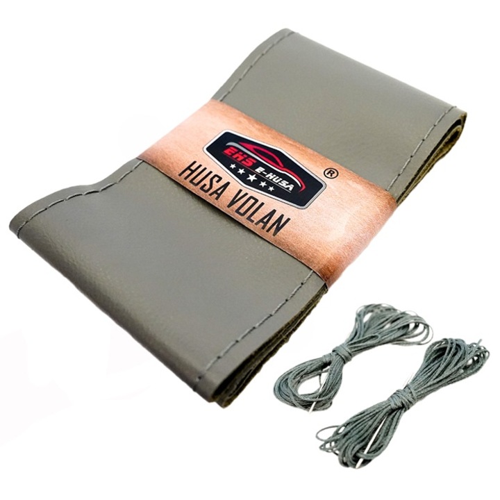 Husa Volan Premium din Piele Naturala Gri, EHS E-Husa®, Volan 37-38cm diametru, cu Ac si Ata Gri pentru Cusut