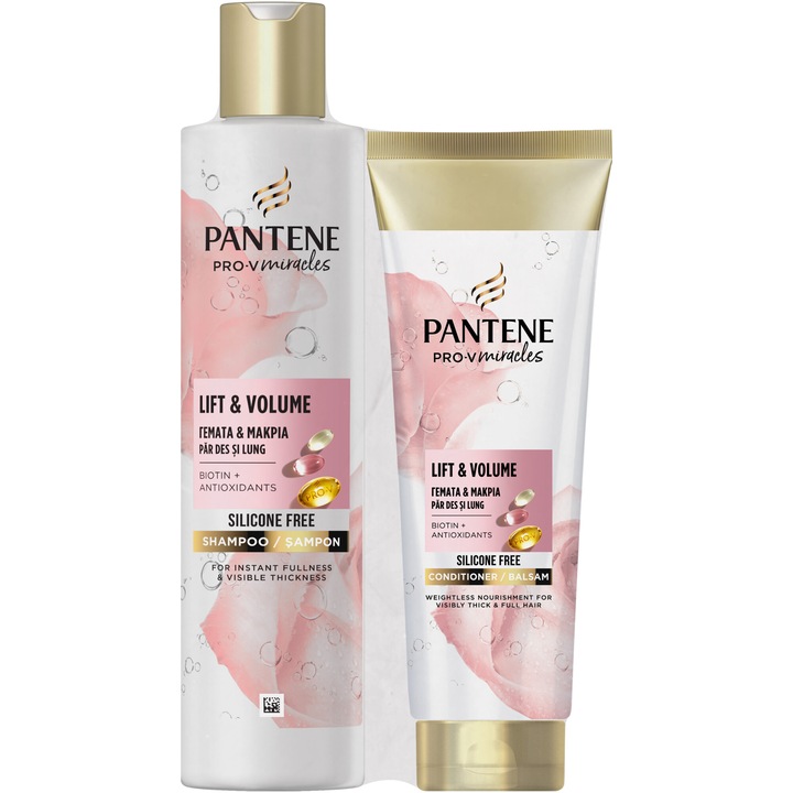 Комплект: Шампоан Pantene Lift'N'Volume с биотин, 250 мл + Балсам за коса Pantene Lift'N'Volume с биотин, Без силикон, 160 мл