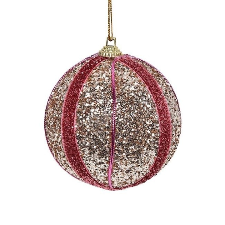 Ornament Brad de Craciun Antbro® glob din spuma cu glitter bej sampanie si panglica roz, 8cm