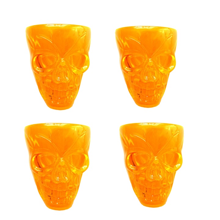 Set 4 pahare de Shot Din Plastic Cu Design Craniu, Pentru Petrecere Horror Halloween, 30 ml, Portocaliu