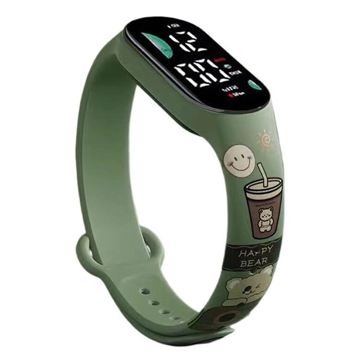Digitális gyerekóra medve modellel, LED funkció, 15-25cm, zöld