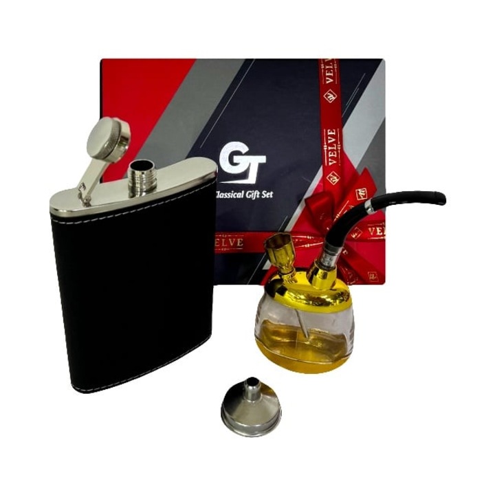 Set pentru barbati VLV Pipe, cu trei piese, plosca, palnie si pipa 2 in 1, Negru, Velve