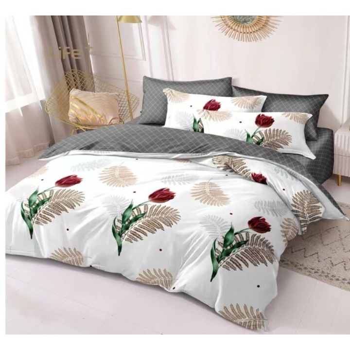 Lenjerie de pat dublu, 6 piese, 2 persoane, 180x200 cm, imprimeu lalele si frunze, multicolor