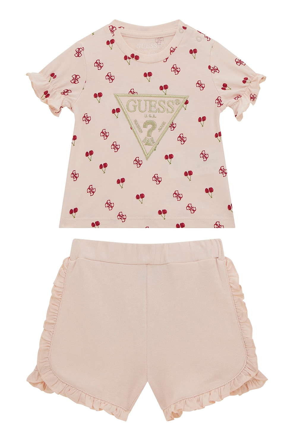 GUESS KIDS, Set de pantaloni scurti cu detaliu cu volane si tricou din amestec de bumbac - 2 Piese, Rosu, Roz pal, 54-60 CM