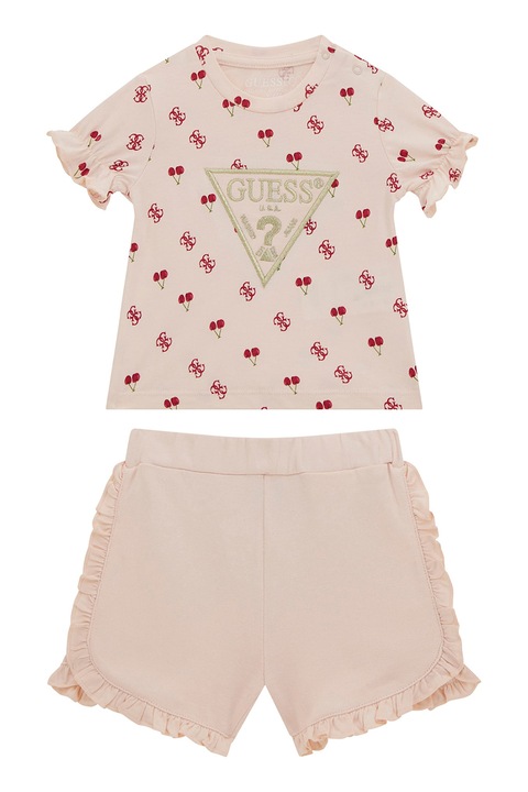 GUESS KIDS, Set de pantaloni scurti cu detaliu cu volane si tricou din amestec de bumbac - 2 Piese, Rosu/Roz pal