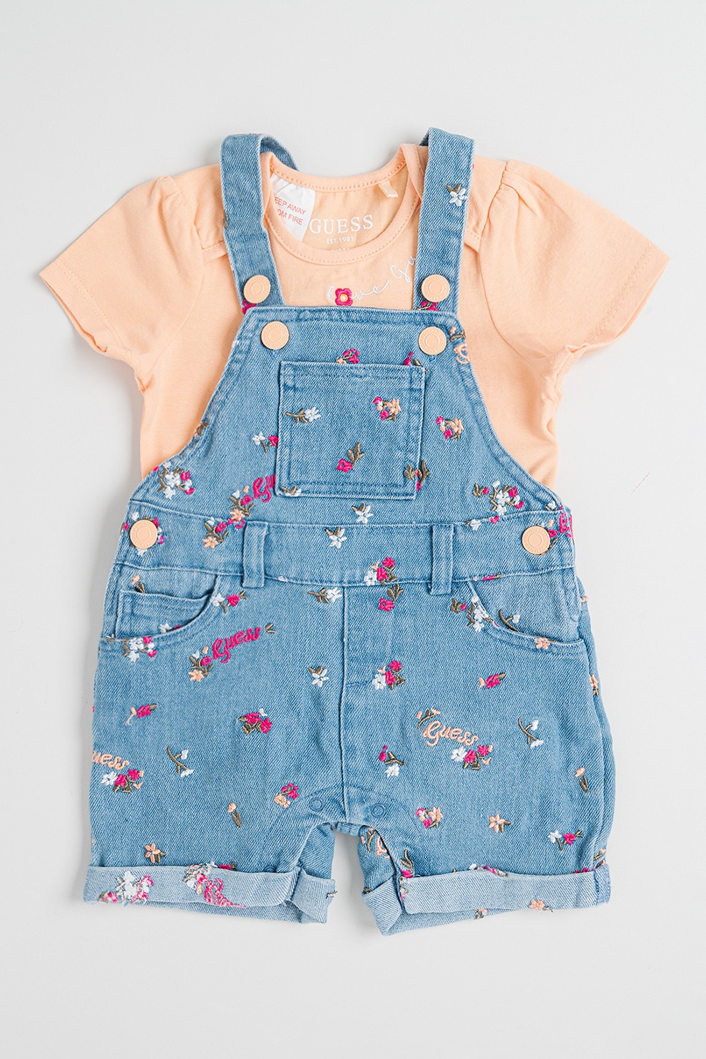 GUESS KIDS, Set de body cu model uni si salopeta din denim cu imprimeu floral - 2 Piese, Portocaliu deschis, Albastru, 54-60 CM