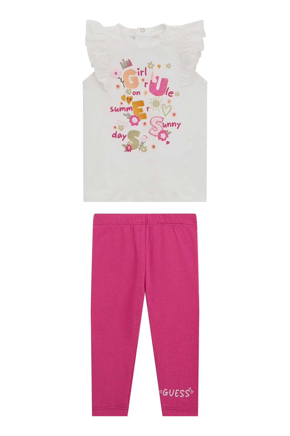GUESS KIDS, Set de colanti cu model uni si tricou cu model - 2 Piese, Alb, Roz, 55-62 CM