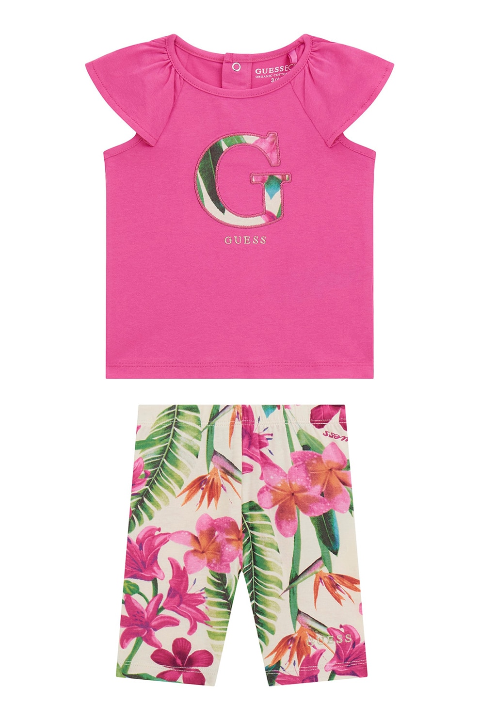 GUESS KIDS, Set de Pantaloni cu imprimeu floral si tricou cu maneci cu volane -2 Piese, Verde, Alb murdar, Roz, 68-76 CM