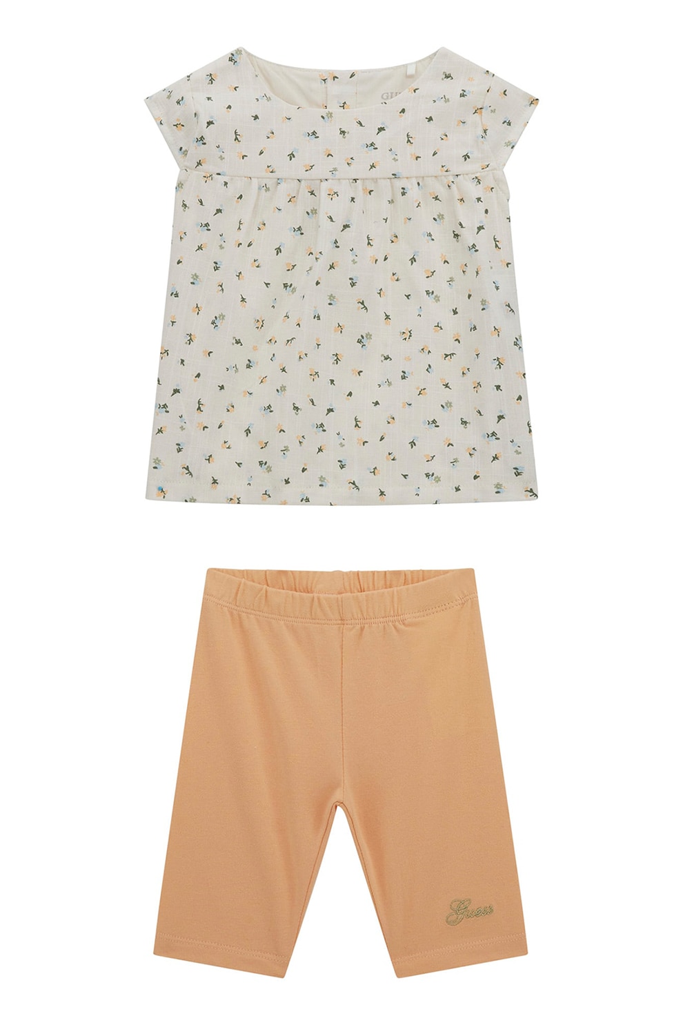 GUESS KIDS, Set de pantaloni si bluza cu imprimeu floral si maneci scurte - 2 Piese, Bej, Alb murdar, 55-62 CM