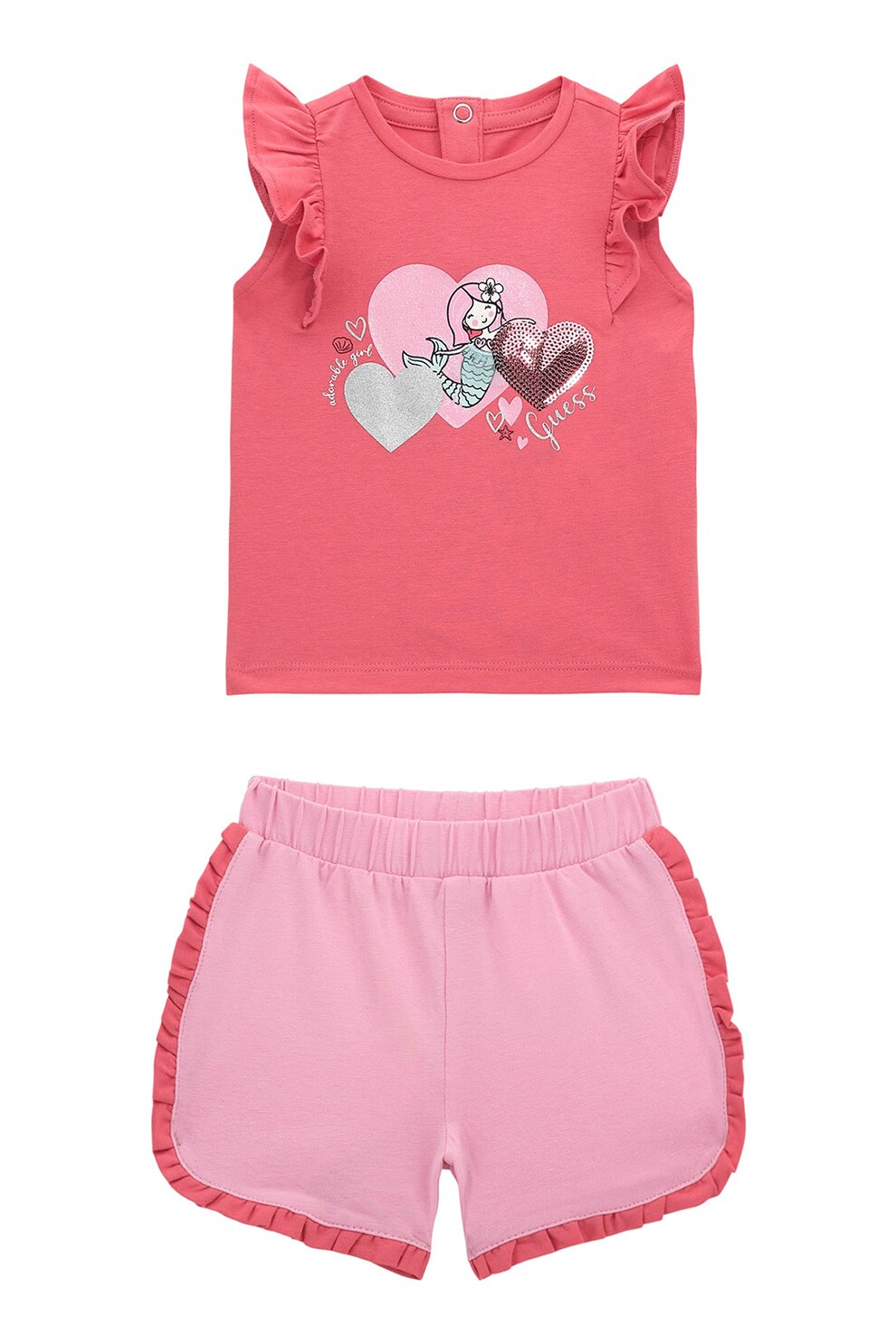 GUESS KIDS, Set de tricou cu imprimeu si pantaloni scurti cu detalii cu volane - 2 Piese, Roz deschis, Roz, 54-60 CM