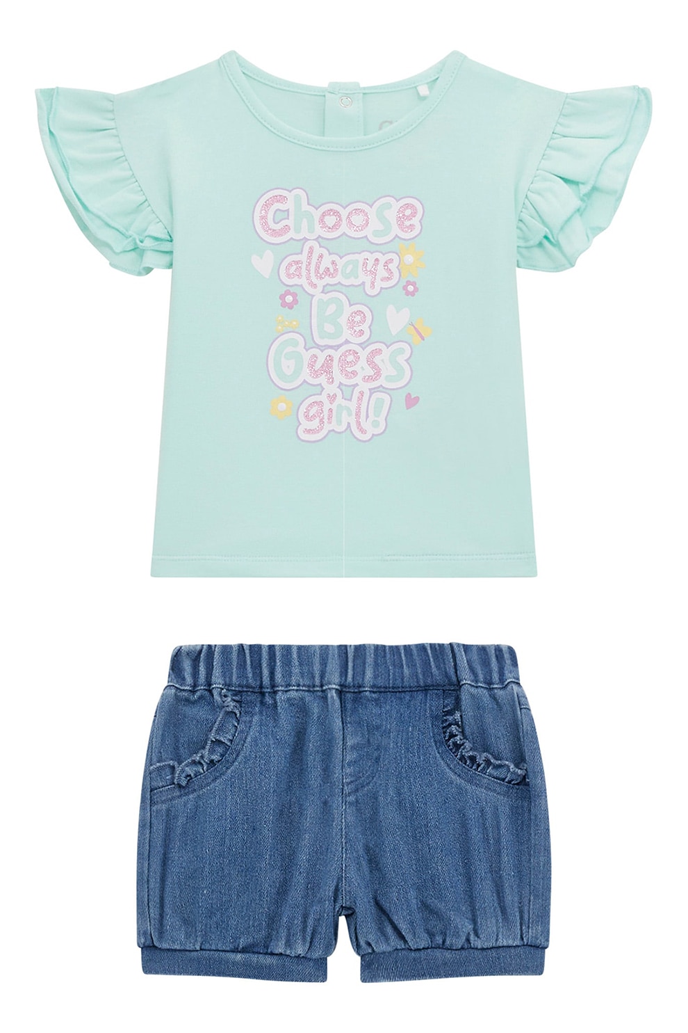 GUESS KIDS, Set de blugi scurti si tricou cu maneci cu volane - 2 Piese, Verde pal, Albastru, 62-68 CM
