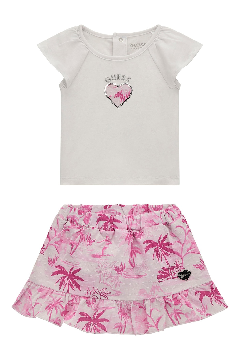 GUESS KIDS, set de tricou cu logo si fusta cu imprimeu tropical - 2 Piese, Alb murdar, Roz, 55-62 CM