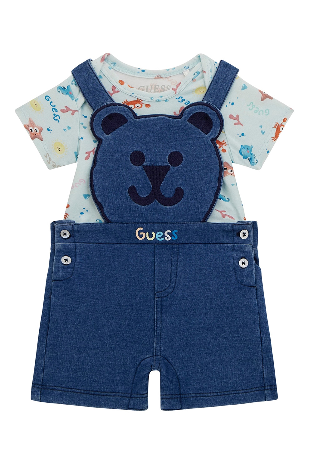 GUESS KIDS, Set de body si salopeta din amestec de bumbac - 2 Piese, Albastru glaciar, Albastru, 62-68 CM