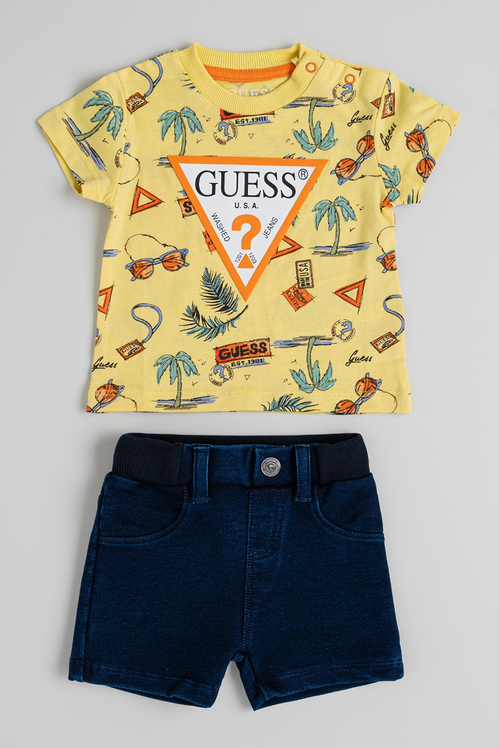 Guess Kids, Set de tricou si pantaloni scurti - 2 piese, Galben, Bleumarin, 54-60 CM