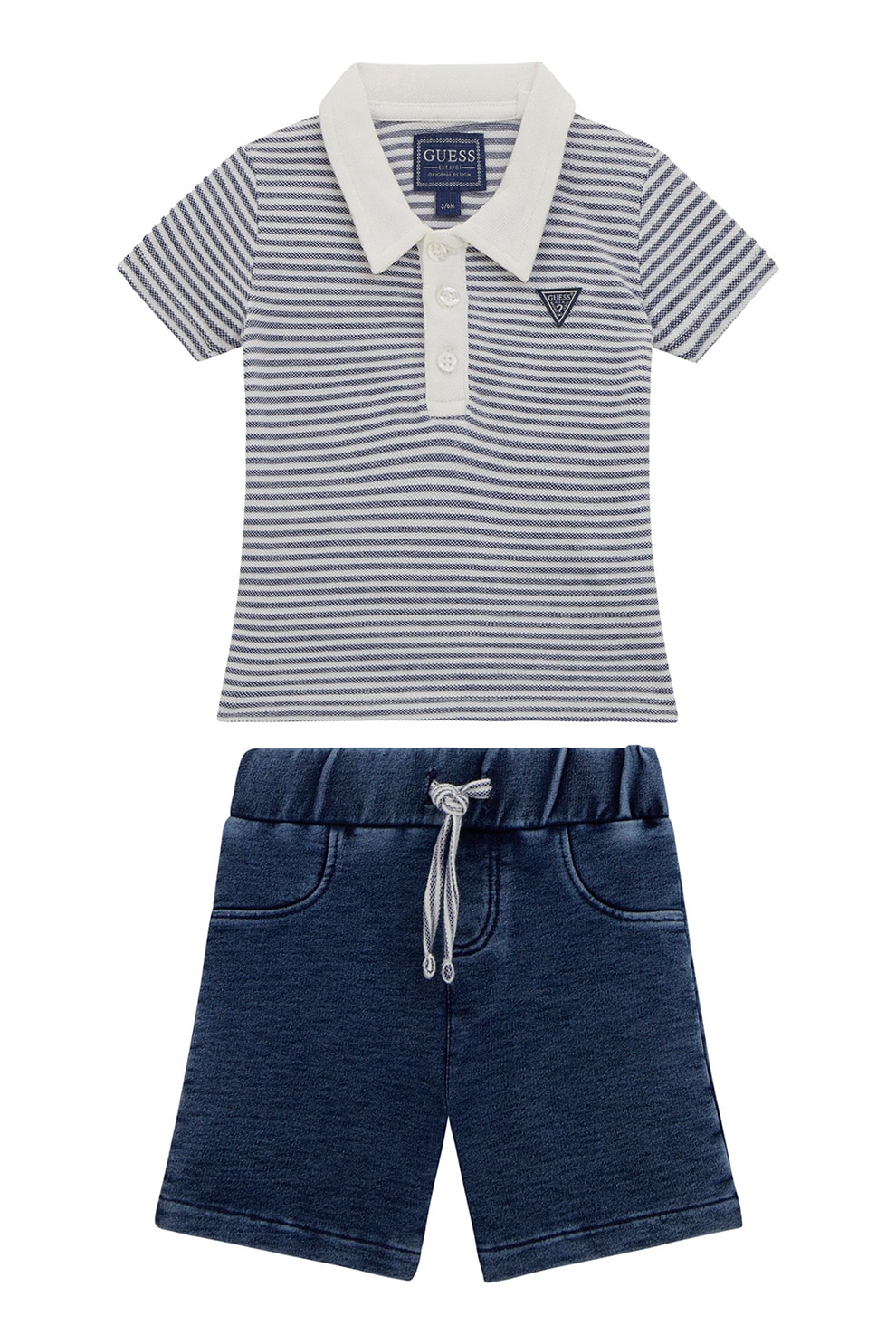 GUESS KIDS, Set de pantaloni si tricou polo din bumbac - 2 Piese, Alb, Albastru, 55-62 CM