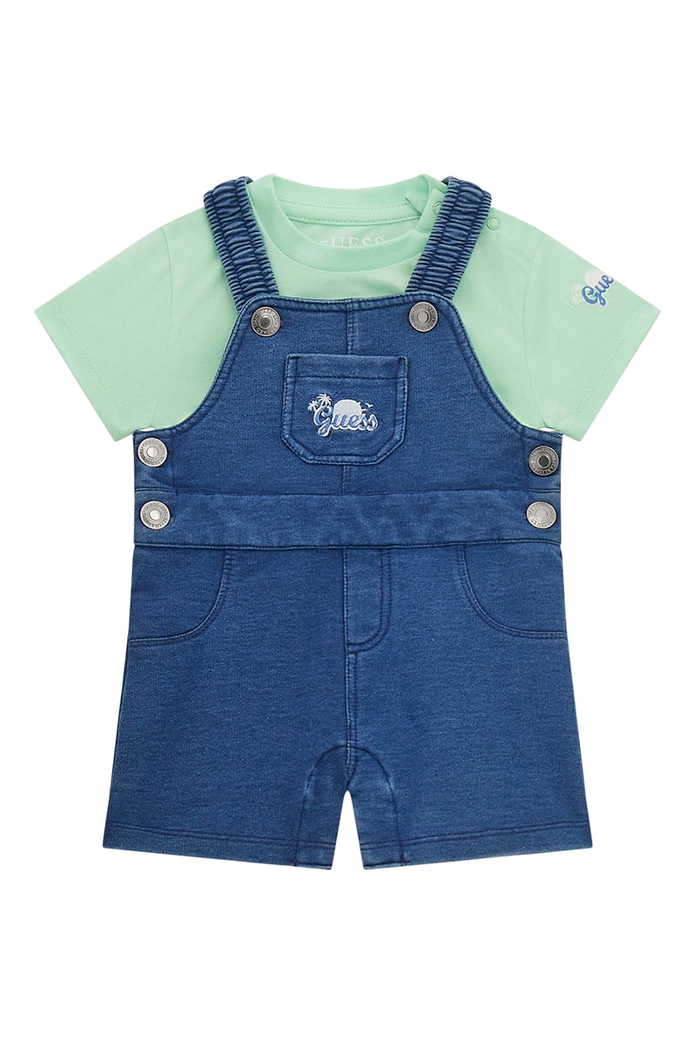 GUESS KIDS, Set de tricou si salopeta din bumbac - 2 Piese, Verde deschis, Albastru, 62-68 CM