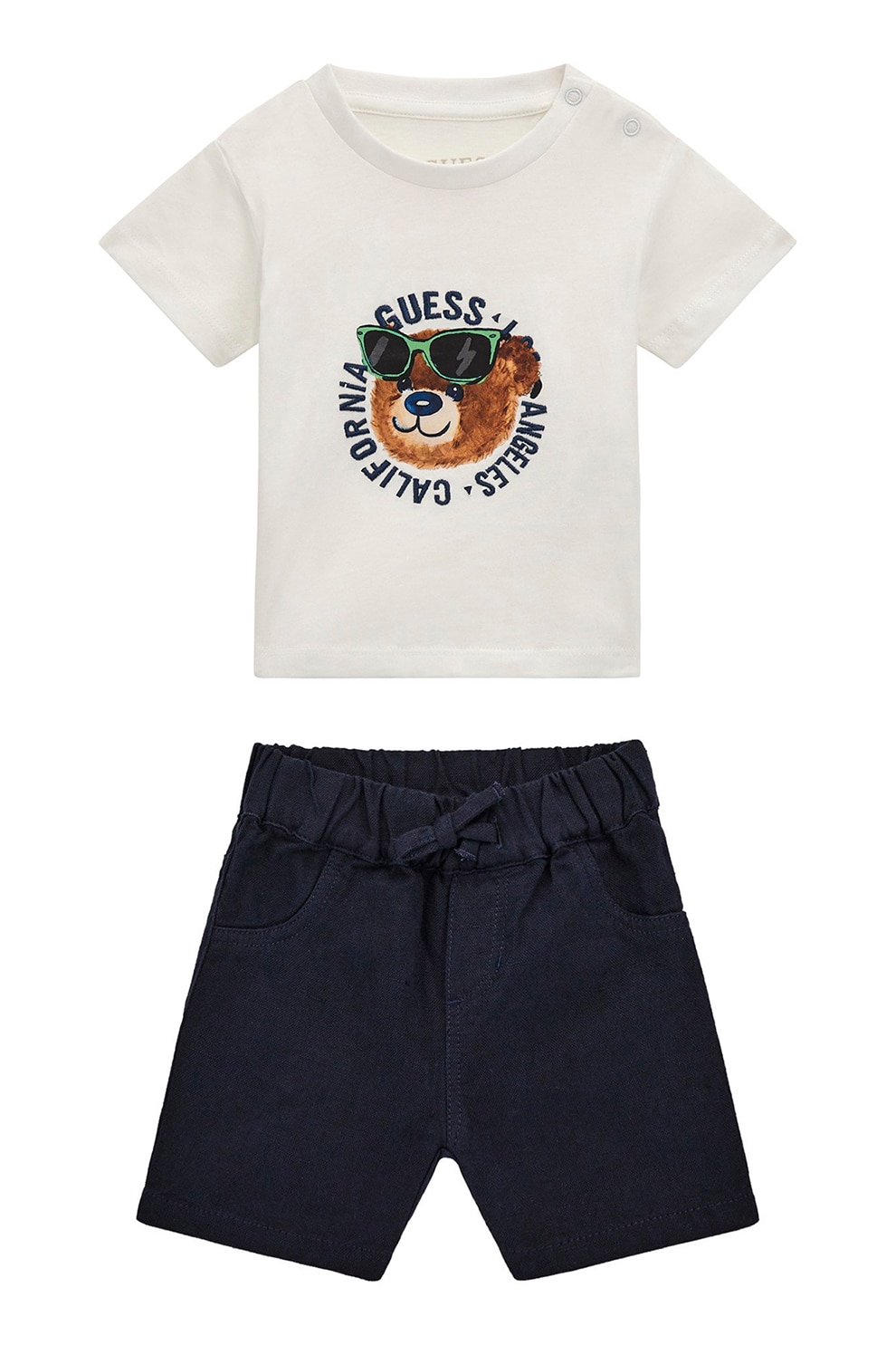 GUESS KIDS, Set de pantaloni scurti si tricou din bumbac cu logo - 2 piese, Crem, Bleumarin, 62-68 CM