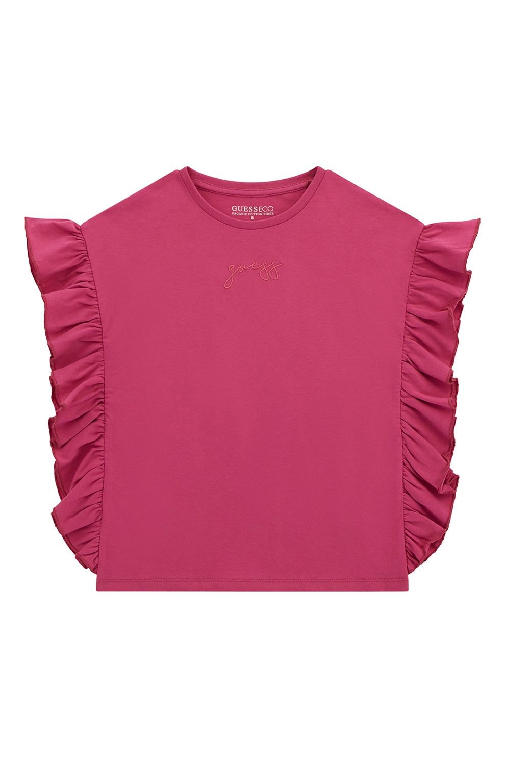 GUESS KIDS, Tricou din bumbac cu volane, Roz zmeuriu, 146-152 CM
