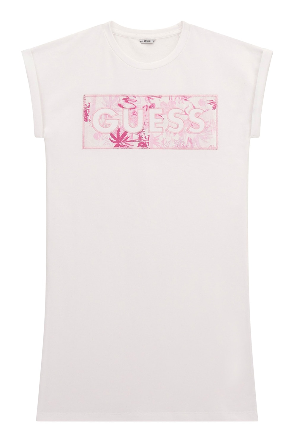 GUESS KIDS, Rochie-tricou cu maneci rulate, Alb, Roz zmeuriu, 147-157 CM