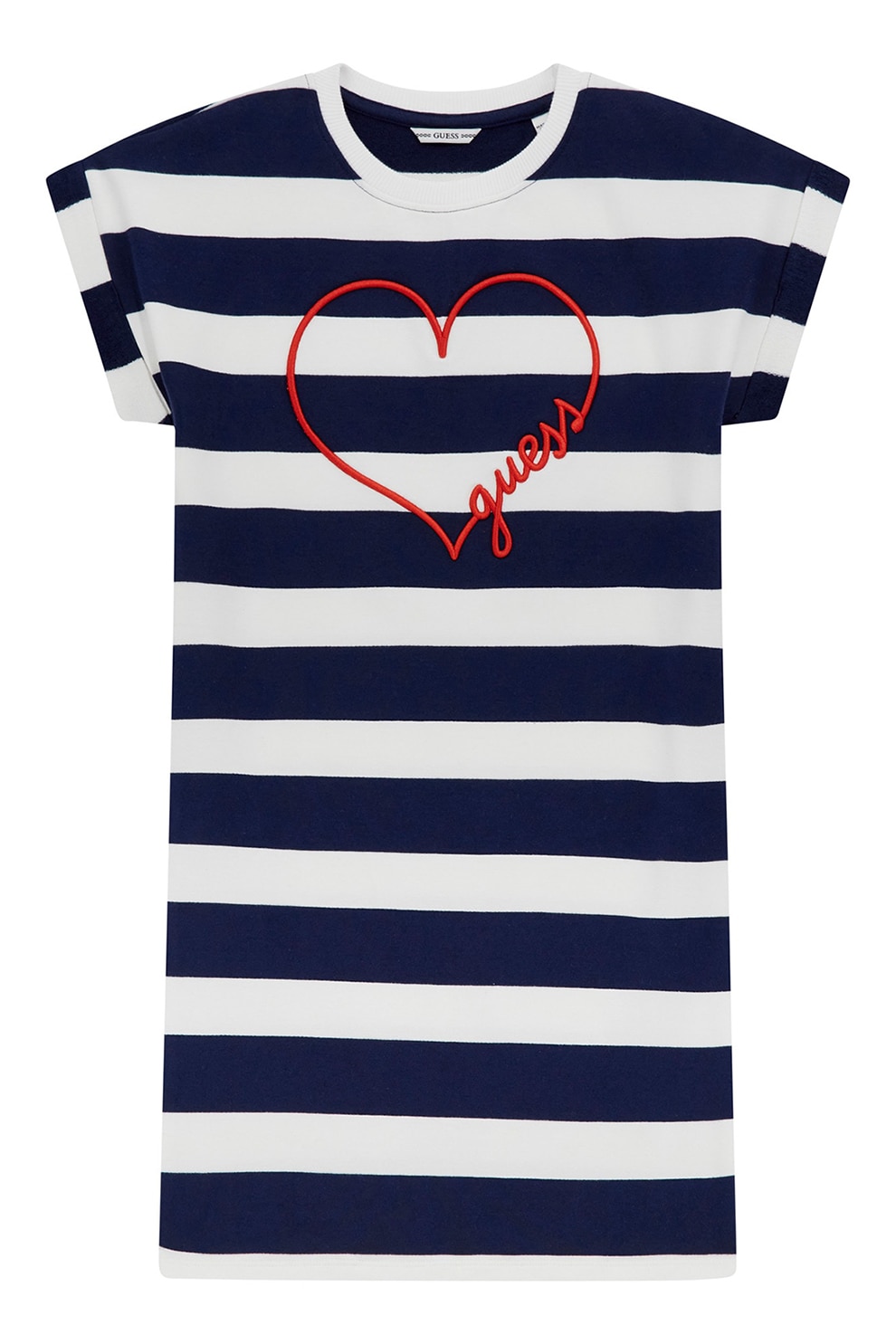 Guess Kids, Rochie-tricou cu dungi, Rosu, Alb, Albastru ultramarin, 135-139 CM