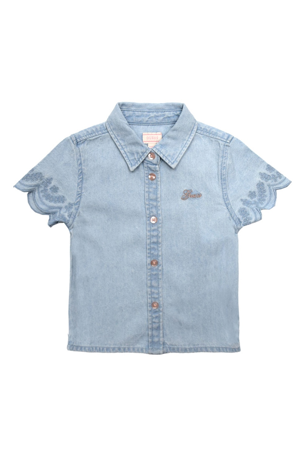 Guess Kids, Camasa de denim cu maneci brodate, Albastru pastel, 96-104 CM