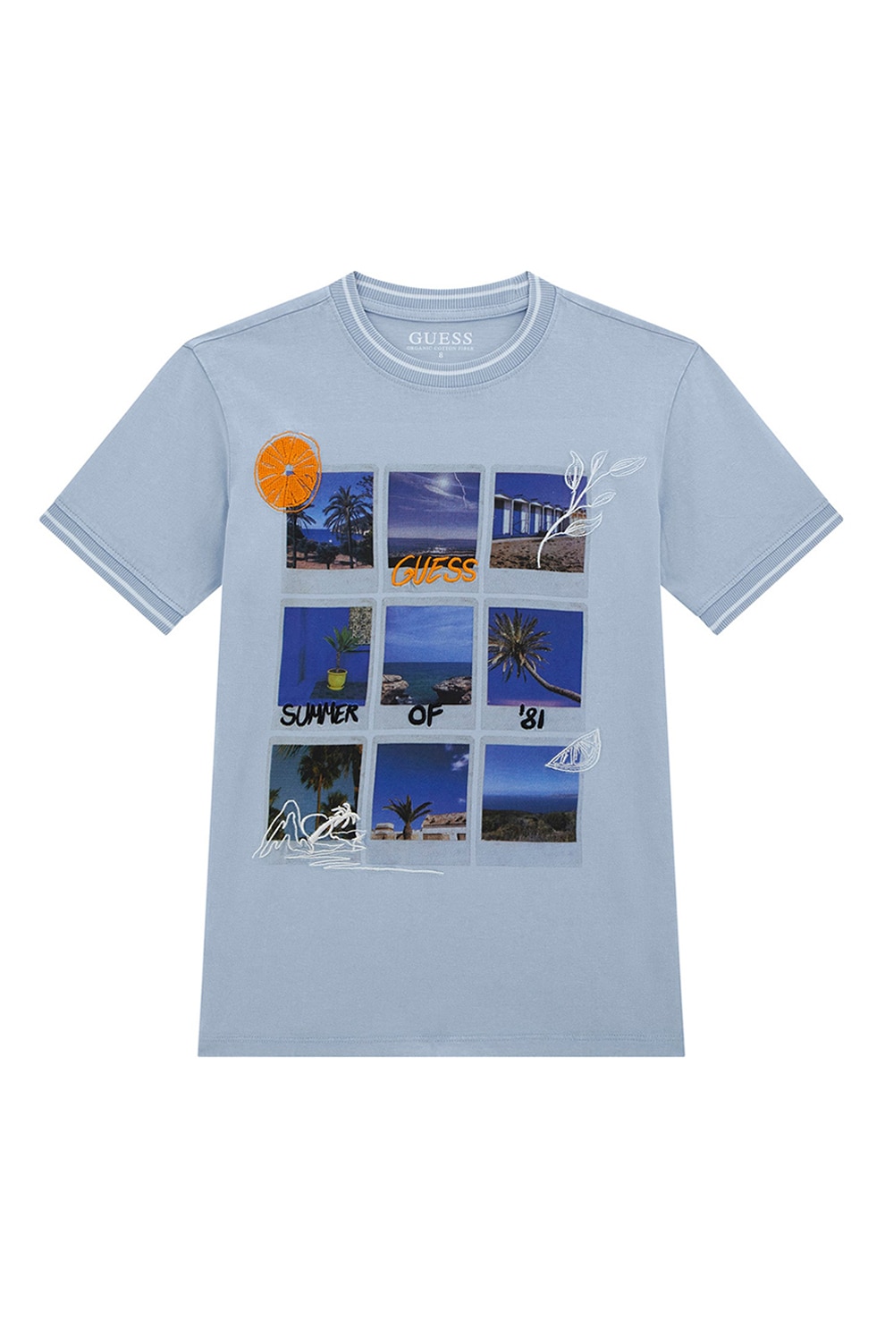 GUESS KIDS, Tricou cu decolteu la baza gatului si imprimeu, Alb, Albastru lavanda, Albastru royal, 124-130 CM