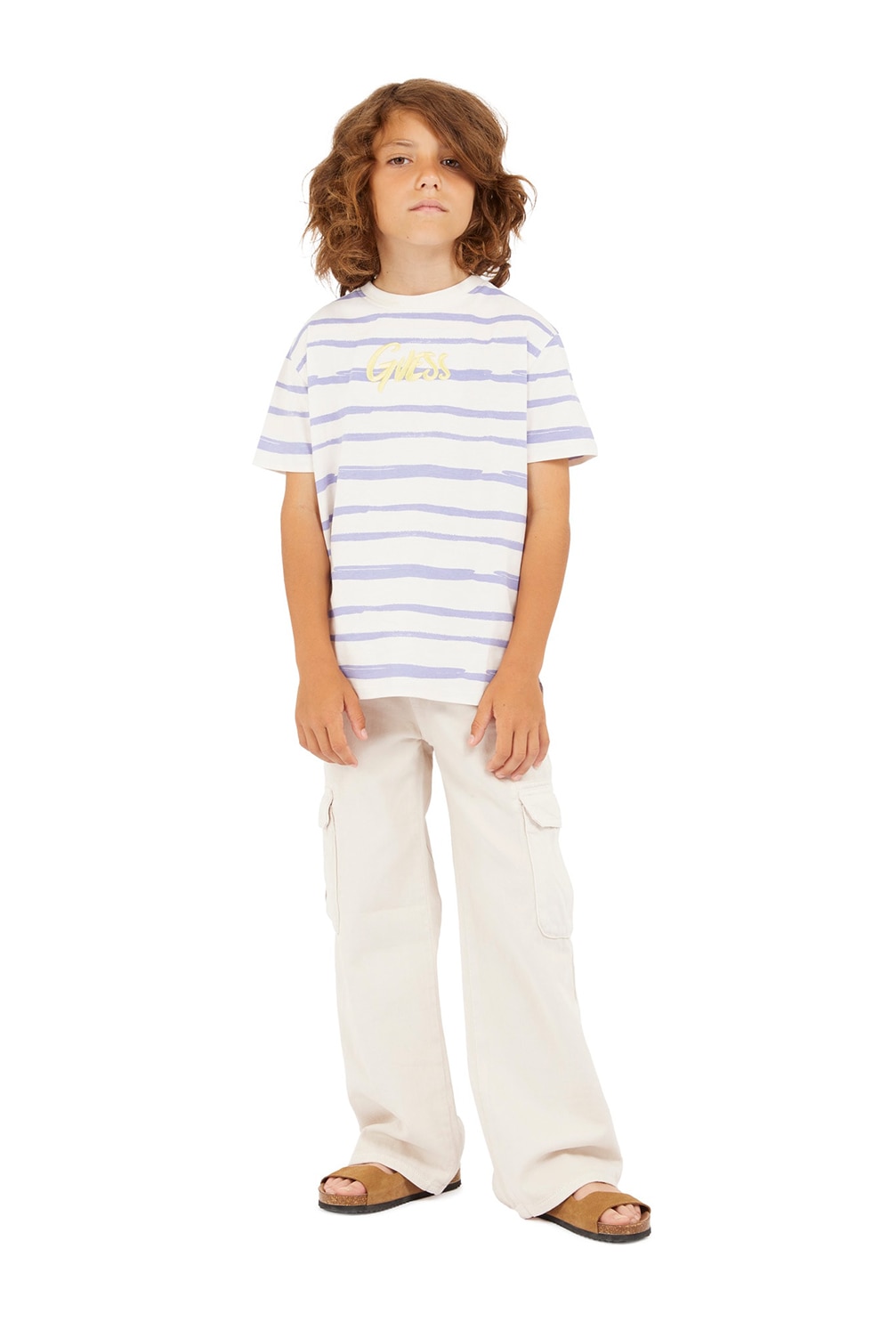 Guess Kids, Tricou cu decolteu la baza gatului si model in dungi, Alb fildes, Ametist, 146-152 CM
