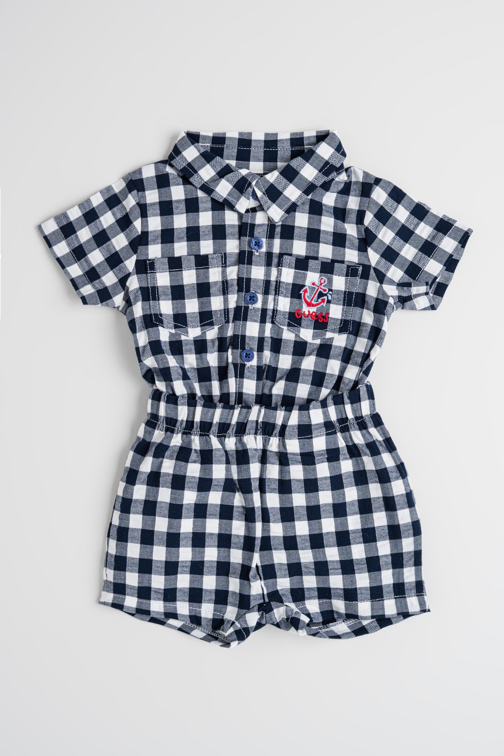 GUESS KIDS, Set de body cu model gingham si pantaloni scurti, Alb optic, Bleumarin, 68-76 CM